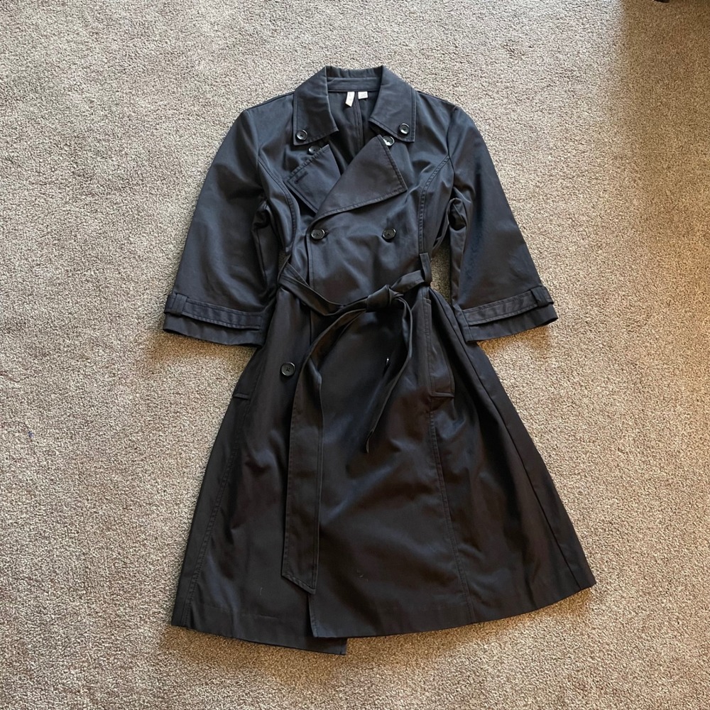 Womens Old Navy Trench Coat M Black Excellent 3/4 Sleeve Belted Double Breasted